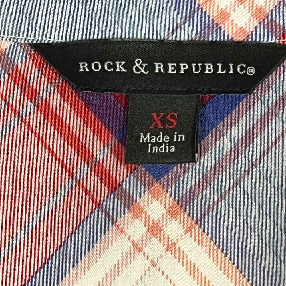 Rock & Republic Women’s Dress XS‎ Red White Blue Plaid Button Front Belted Midi - Picture 4 of 9